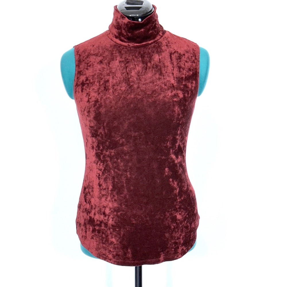 Theory Womens Medium Mock Neck Sleeveless Slim Top Burgundy Crushed Velour